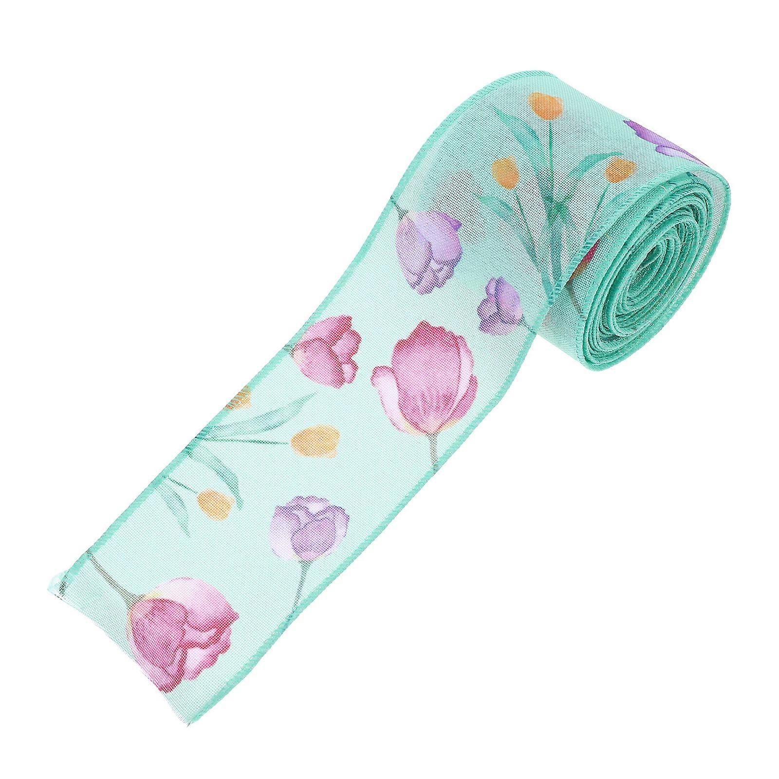 Floral Wired Edge Ribbon For Mother's Day Wrapping And DIY Crafts 5 Yards Length Green Decorative 1 Roll