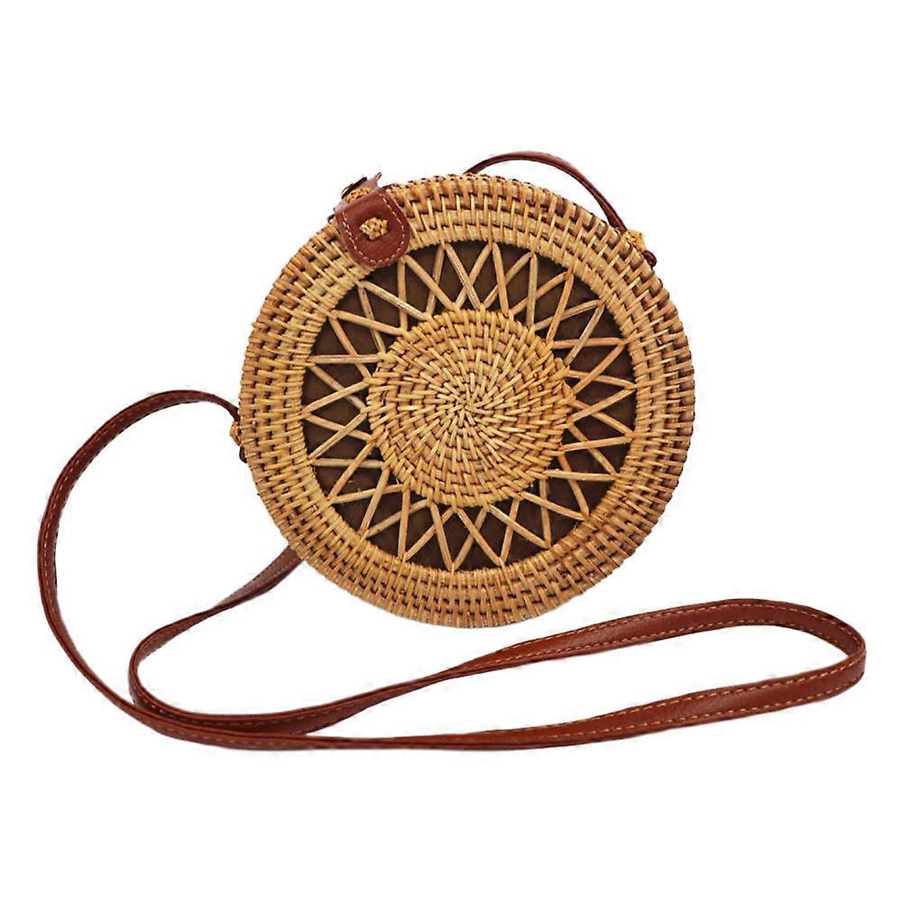 Portable Woven Shoulder Bag Stylish Creative Storage Bag For Weekend Holidays In Khaki Made From藤 And PU 1Pcs