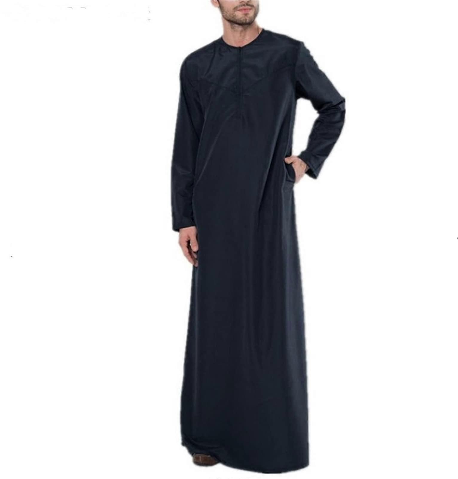 Saudi Arabic Robe for Men, Muslim Kaftan, Moroccan Long Sleeve Thobe with Zipper O-Neck, 4XL Ethnic Costume