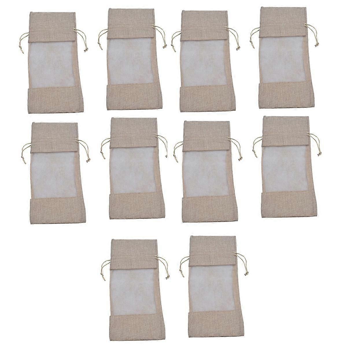 10Pcs Burlap vinflaske poser vinposer med ren vindu Hessian Drawstring gaver poser til vin Ta