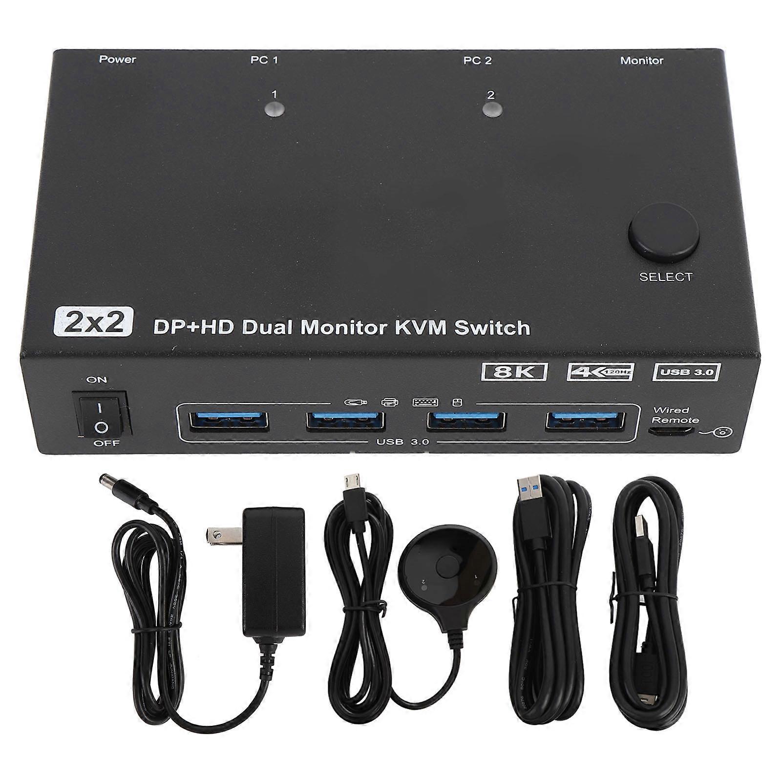 KVM Switch for 2 Computers and 2 Screens with 4 USB 3.0 Ports 4K 120Hz US Plug