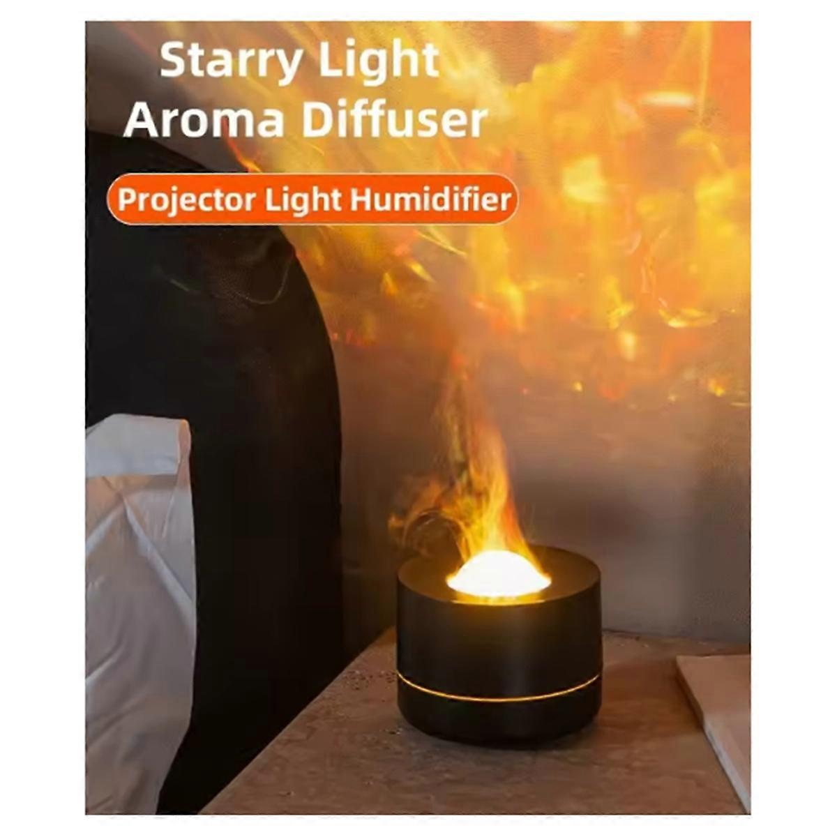 Humidifier with Starry Projector, Aromatherapy Diffuser & Flame Effect, USB Rotate Projection Light