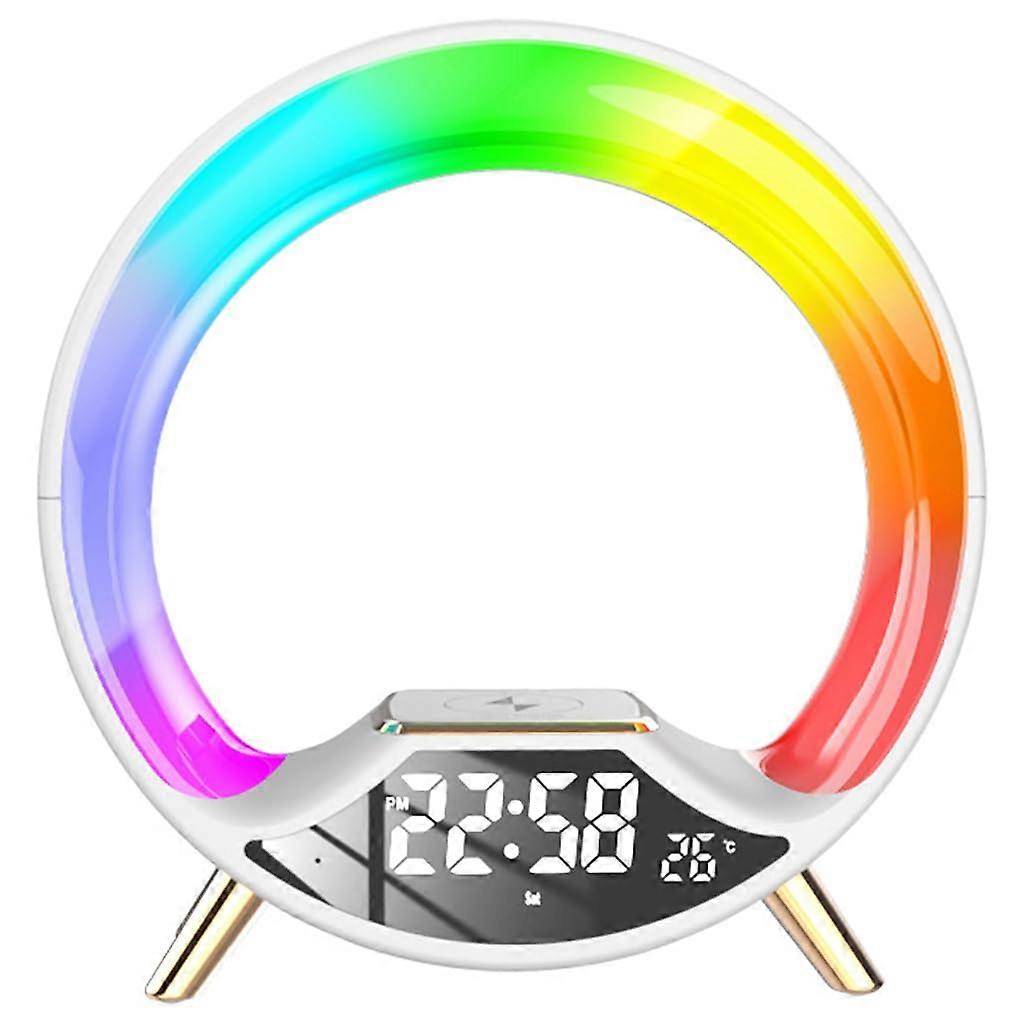 Wireless Charging Lamp with Bluetooth Speaker, LED Night Light, Sunrise Alarm Clock, White Bedside Lamp for Home Use