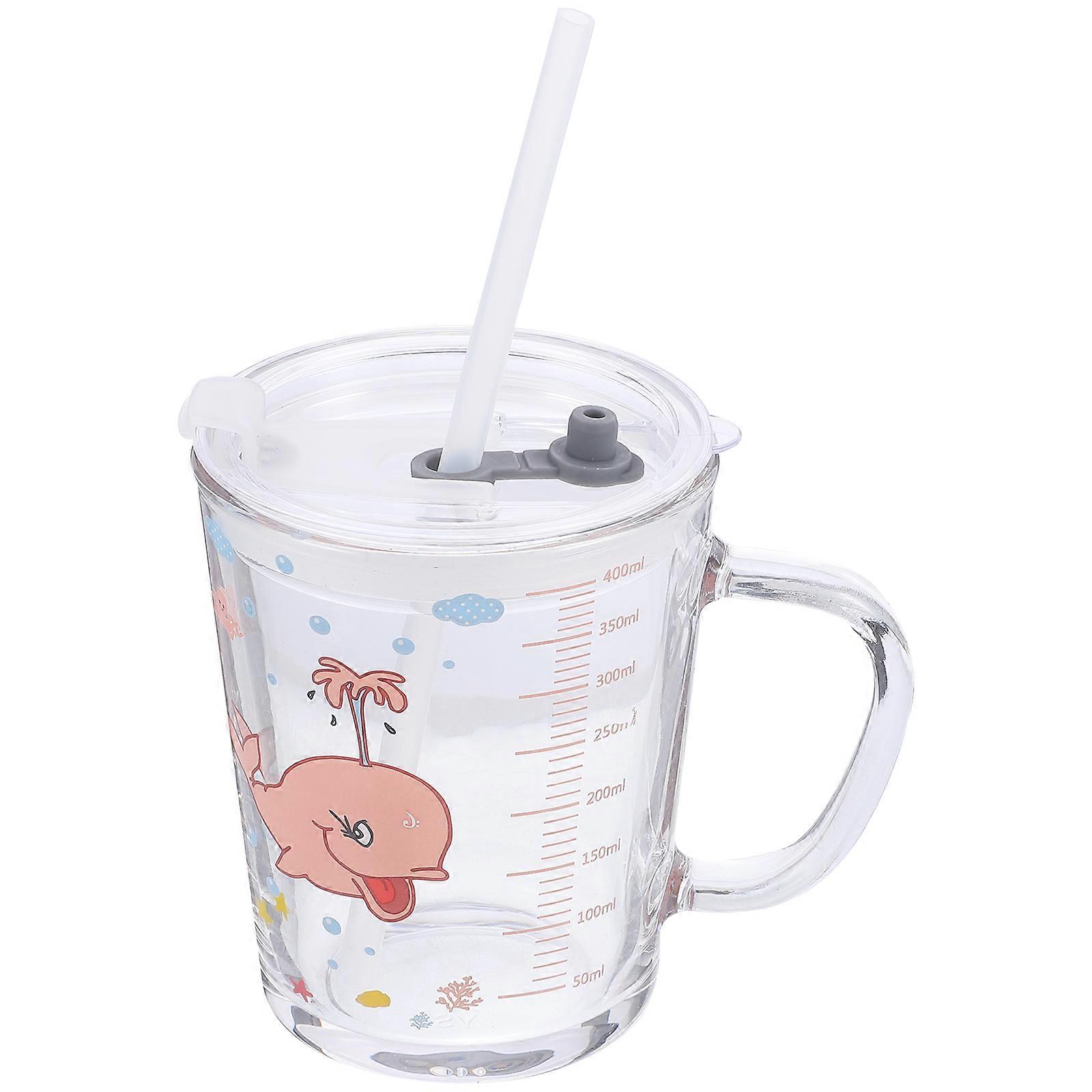 Children Cartoon Water Cup With Scale And Handle For Milk 2Pcs Leak-Proof Silicone Straw 350ML Transparent Color