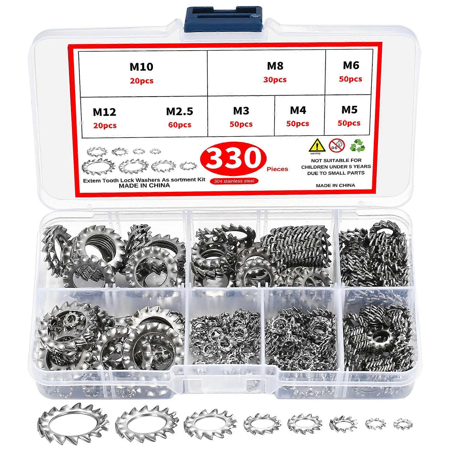 330Pcs Lock Washers, Internal Tooth Lock Washers, Stainless Steel Washers, Starlock Toothed Washer Assortment M2.5 M3 M4 M5 M6 M8 M10 M12