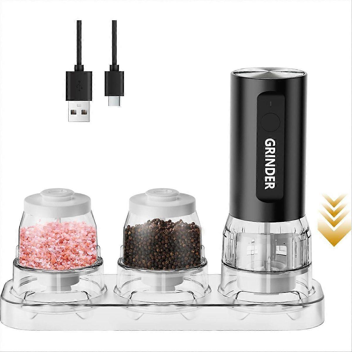 Rechargeable Automatic Salt and Pepper Grinder Set - 2x100ML Spice Jars, 60-Day Battery, 5 Grind Se