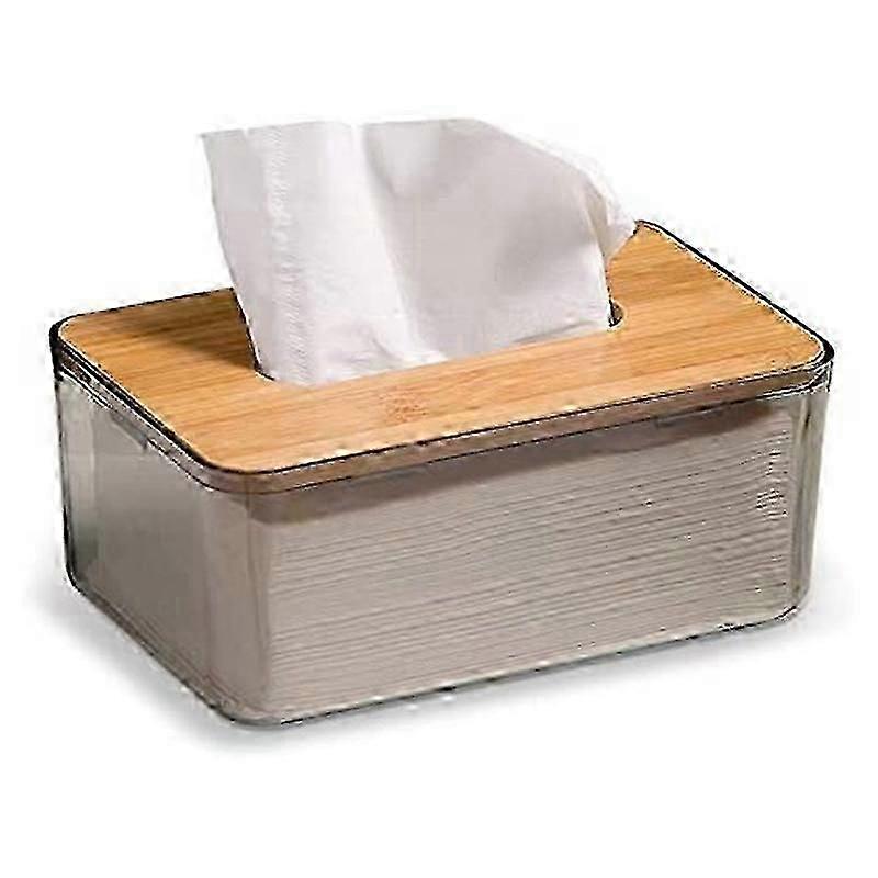Tissue Box, Tissue Dispenser Box with Bamboo Wood Lid, Transparent Container, Modern Minimalist Des