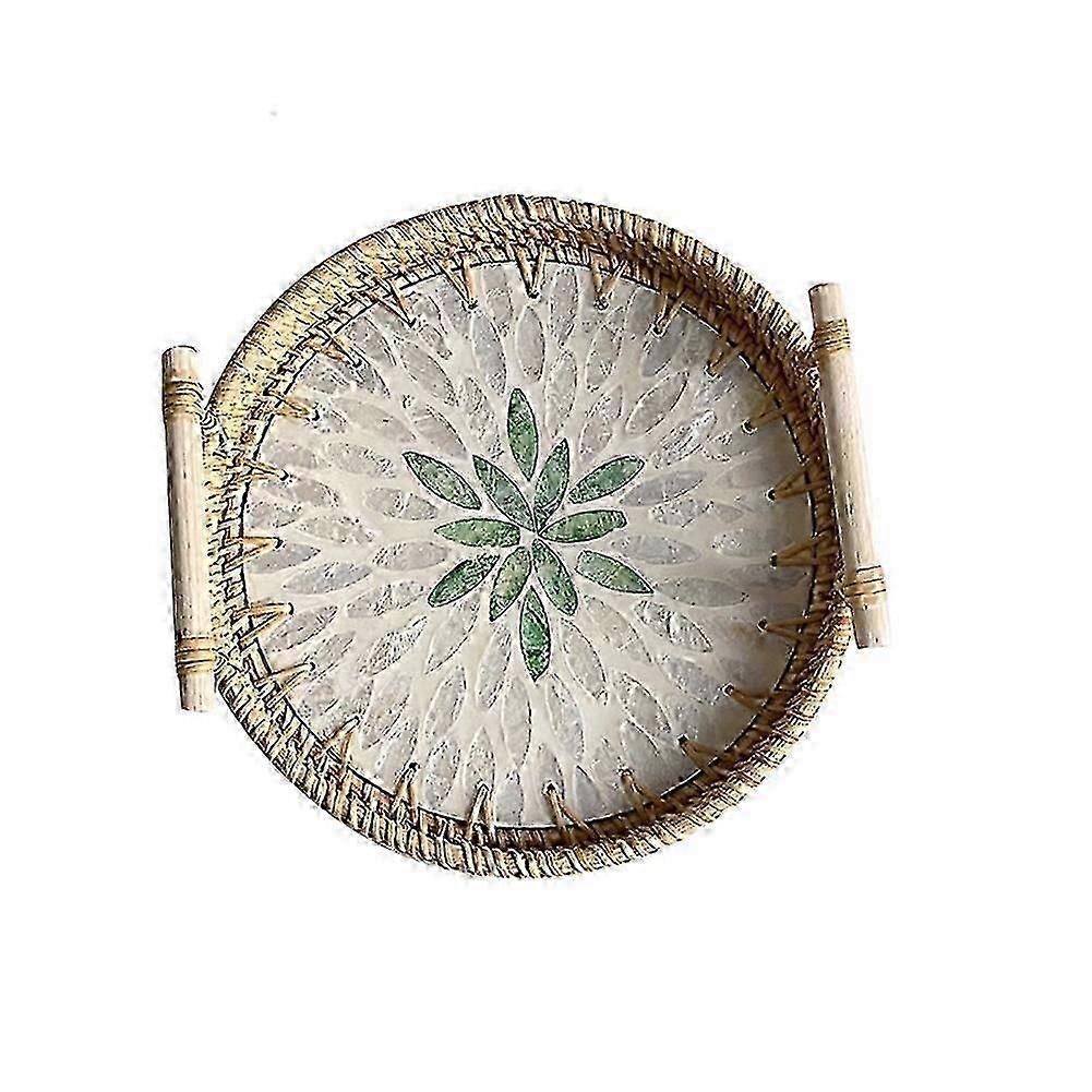 3pcs Handwoven Round Shell Container Platter Rattan Tray for Fruit Double Handle Aroma Diffuser Display Plate Flat Bottom Decorative Type 4