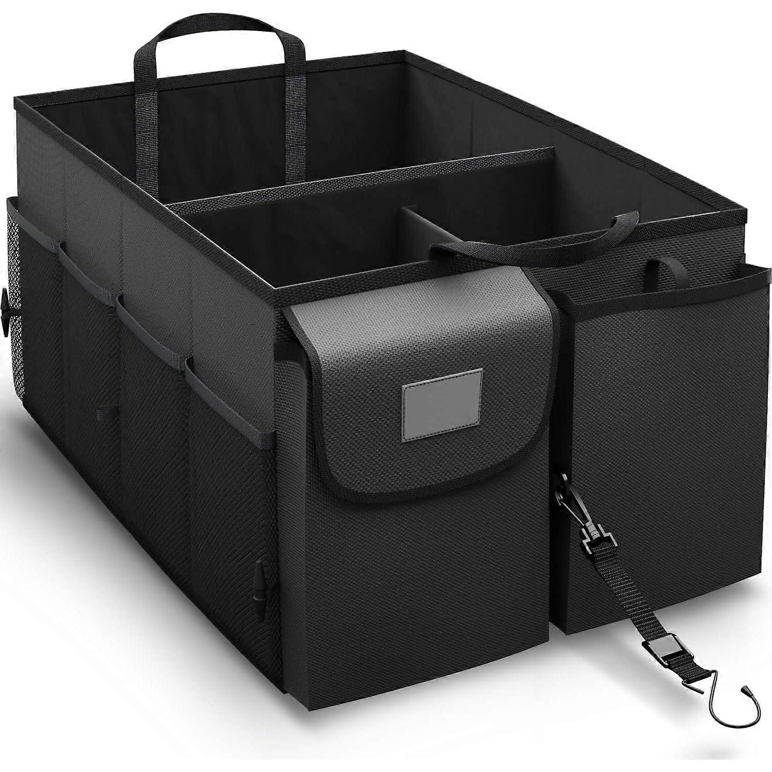Collapsible Car Trunk Organizer with Multi Compartments, Waterproof SUV Storage, Adjustable Straps, Black