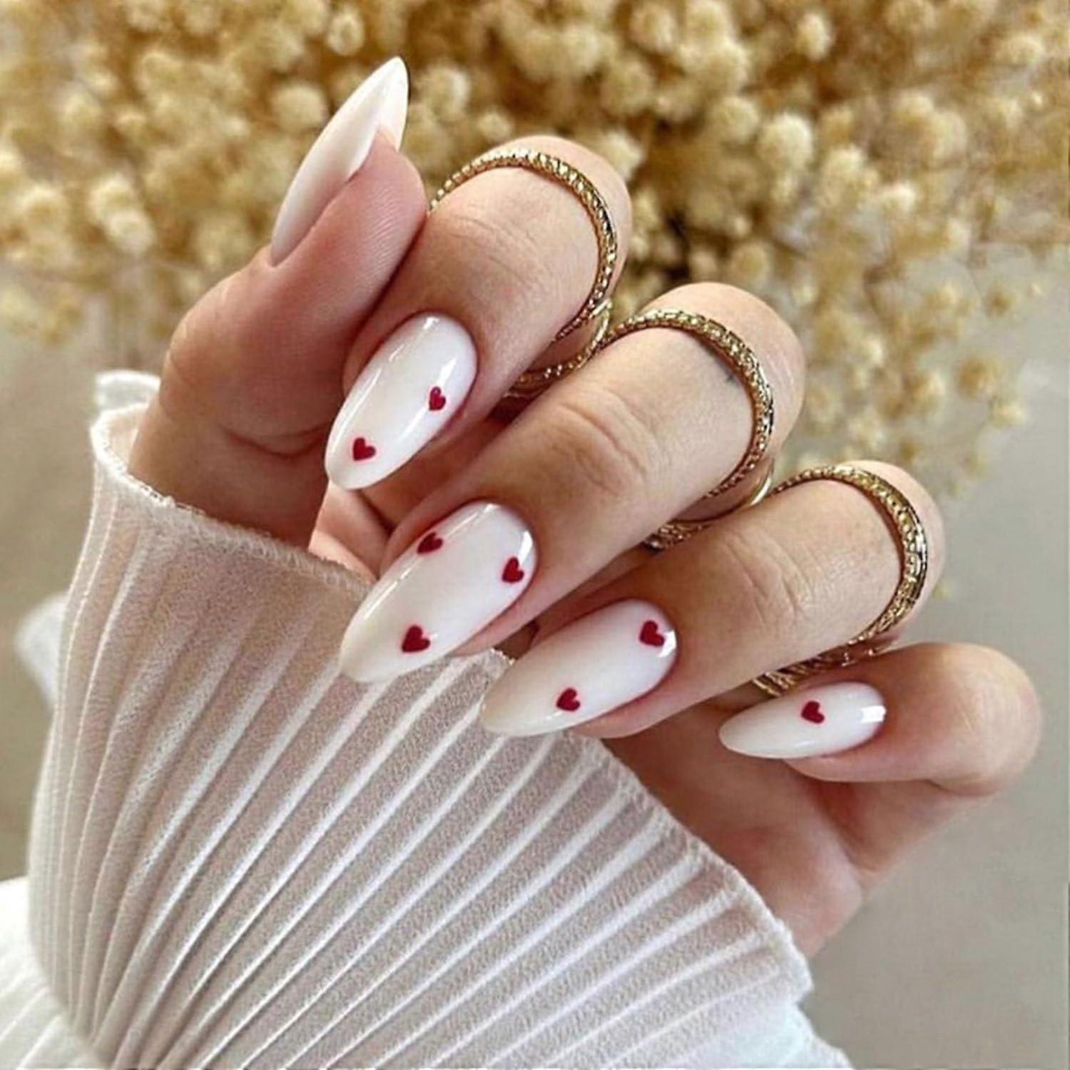 Medium Almond Press On Nails White Full Cover Acrylic with Red Heart Design, 24pcs Reusable Set
