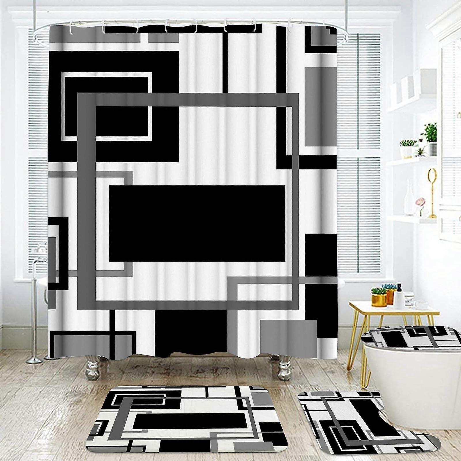 Black Geometric Shower Curtain Set with Rugs Waterproof Polyester Bathroom Decor with Hooks