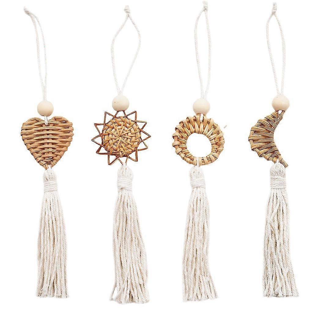 Handmade Boho Wall Hanging Decor with Rustic Rattan Tassels, Farmhouse Cotton Rope Ornaments Set