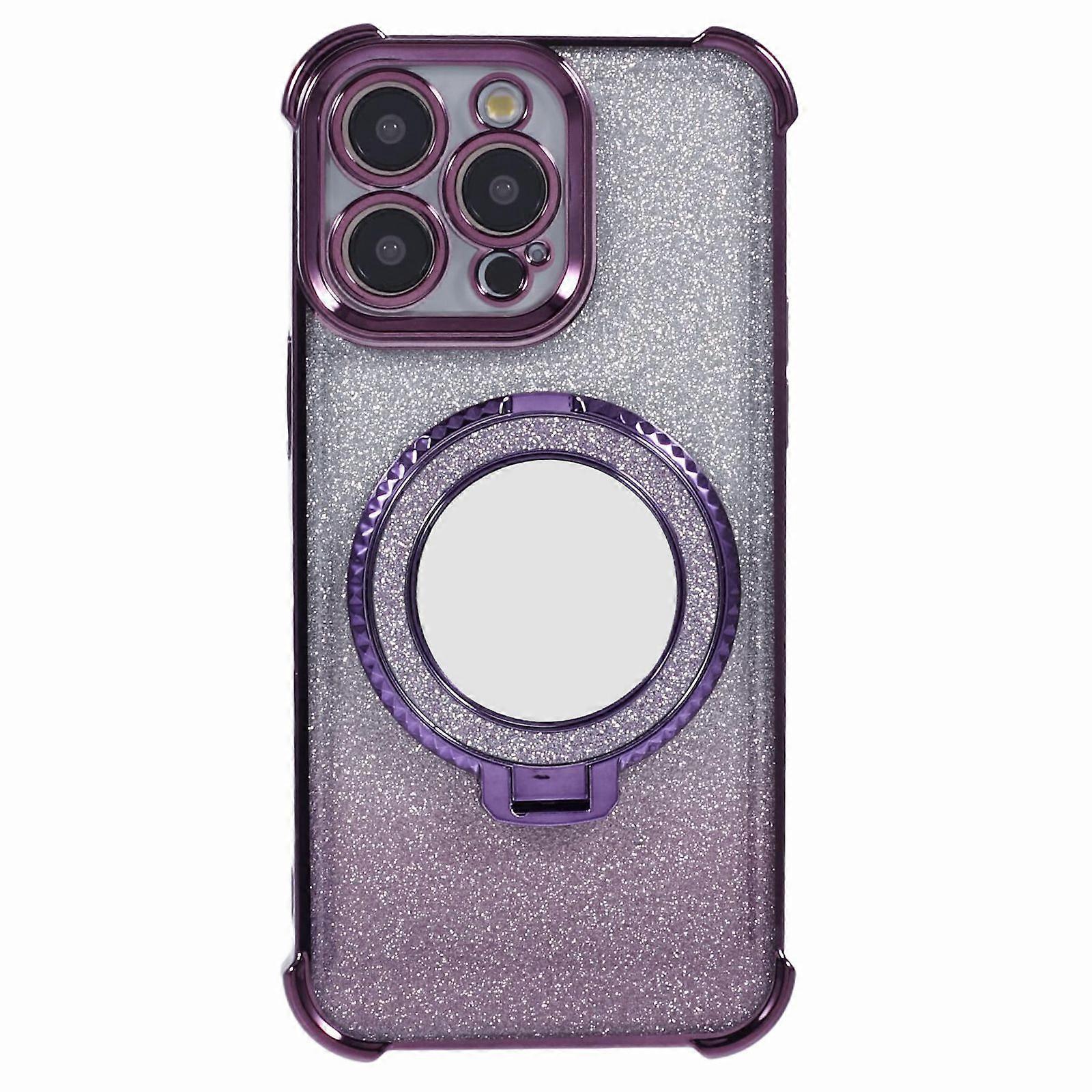 For iPhone 13 Pro Max Case Glitter Gradient Ring Kickstand TPU Phone Cover with Mirror