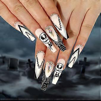 Halloween Coffin Press On Nails with Skull and Spider Web, Matte Black 3D Rhinestone, 24PCS