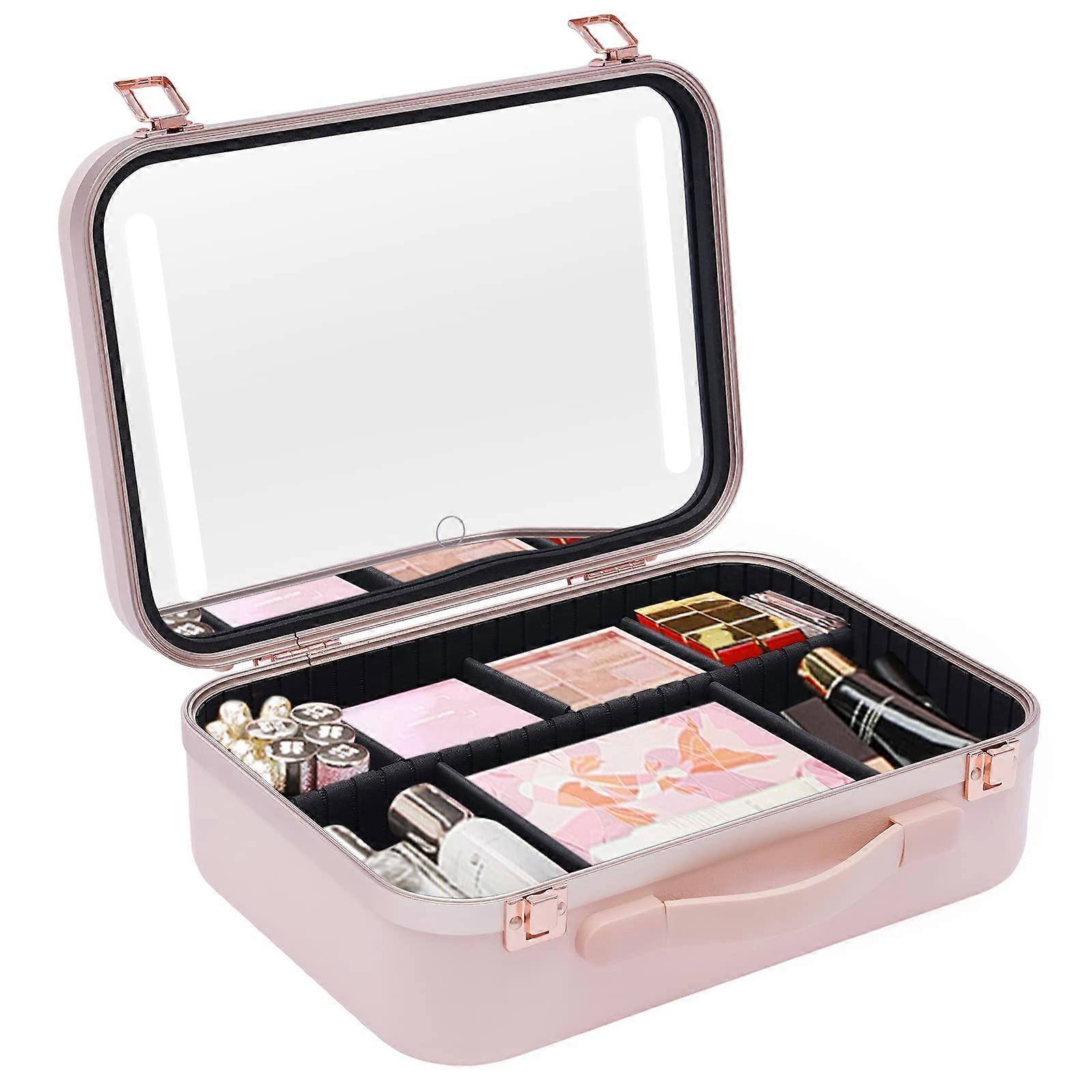 Makeup Train Case with LED Light Mirror, Large Waterproof Organizer for Travel, Pink