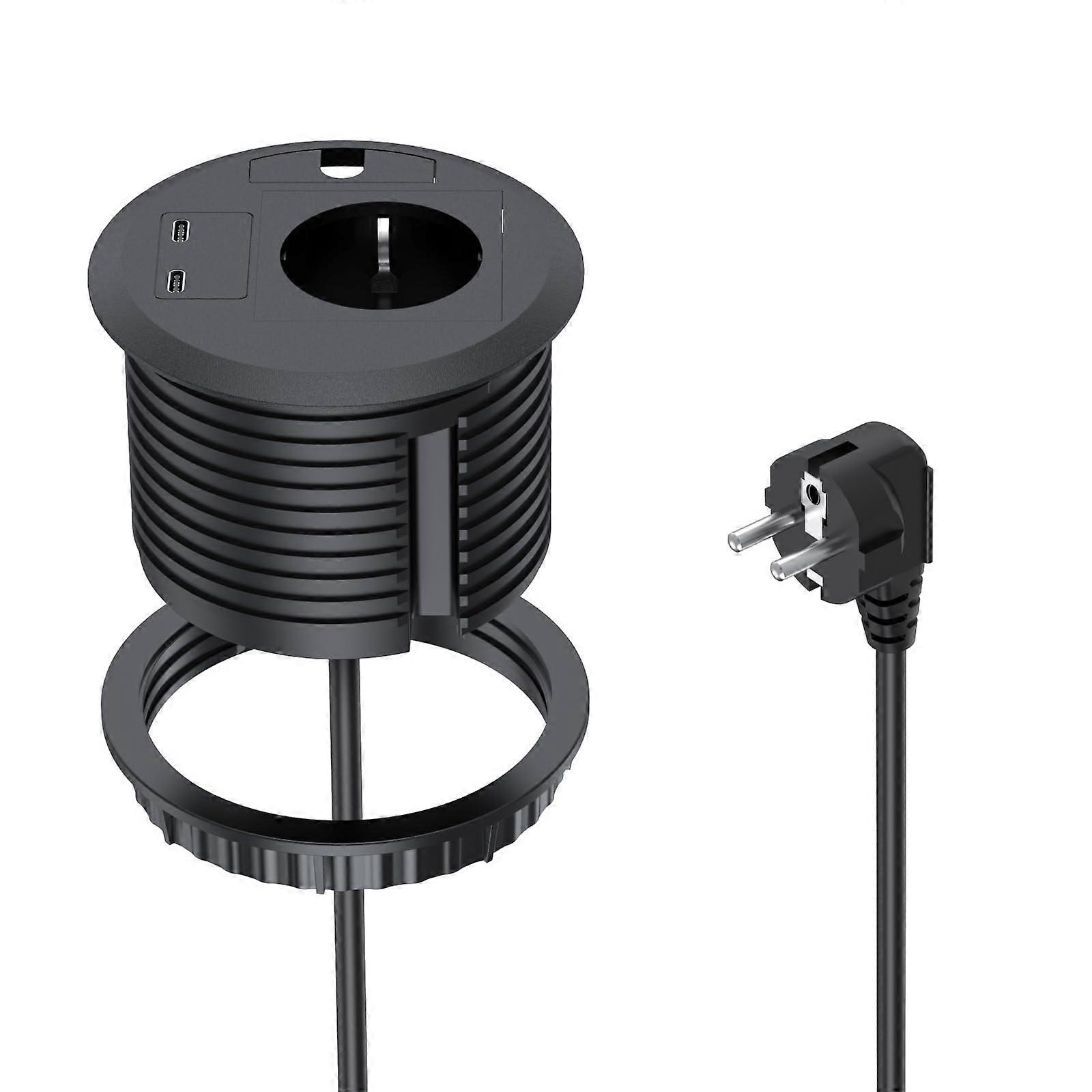 Retractable Desk Socket with USBC Fast Charging and Schuko Outlet for Kitchen or Worktop, Black