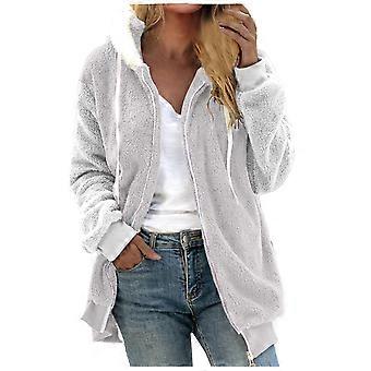 Dames winterjas van pluizig fleece in grote maten, jas met capuchon en ritssluiting, gemaakt van imitatiebont, lichtgewicht sweatshirt met lange mouwen – grijs