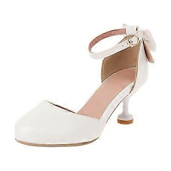 Sapatos de salto alto para meninas, ideais para daminhas de honra, com laço delicado, bico fechado, fivelas ajustáveis, para casamentos e festas. Cor branca, tamanho 11,5 a 12 anos.