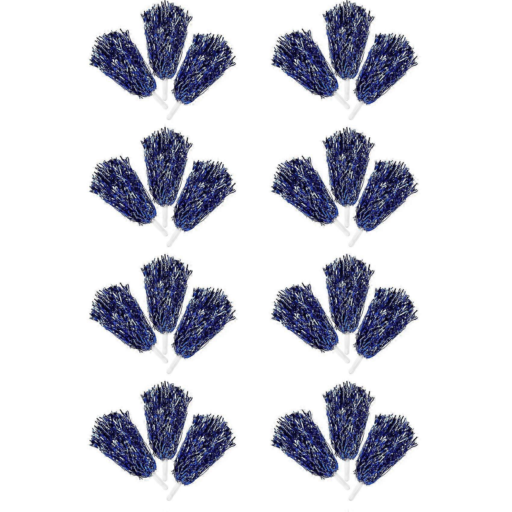 Lot de 24 pompons de pom-pom girl métallisés avec poignée en plastique, compatibles avec les pom-pom girls adultes et enfants, couleur bleue.
