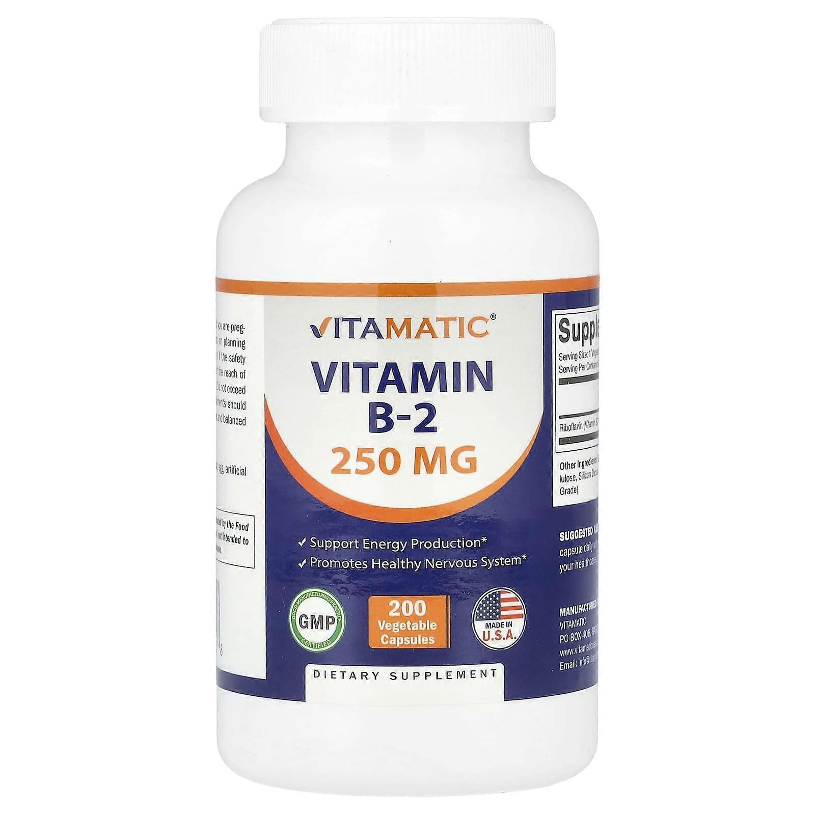 Vitamatic, Vitamin B-2, 250 mg , 200 Vegetable Capsules, 2-Pack