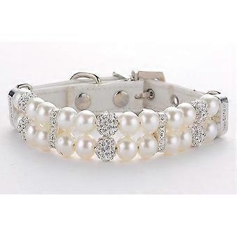 Dog Cat Pearl Collars with Crystal Rhinestone Diamond Dcor, Adjustable Cute Fashion Pet PU Leather Collars Necklace for Small Dog Pets Wedding Birthda