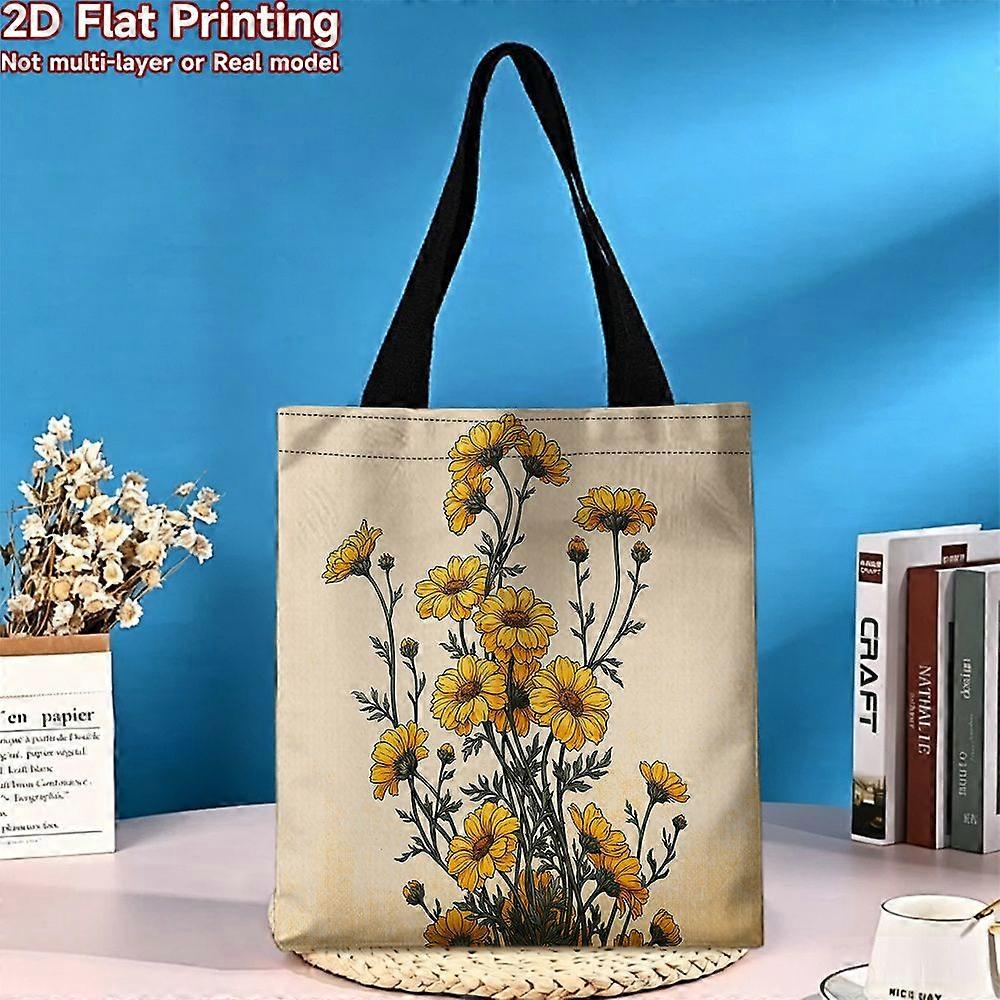 Sac à main plat 2D. Sac à main à motif floral jaune (1 pièce), idéal pour le travail, les trajets quotidiens, les courses et les voyages. Sac réutilisable à fleurs - Rpolk