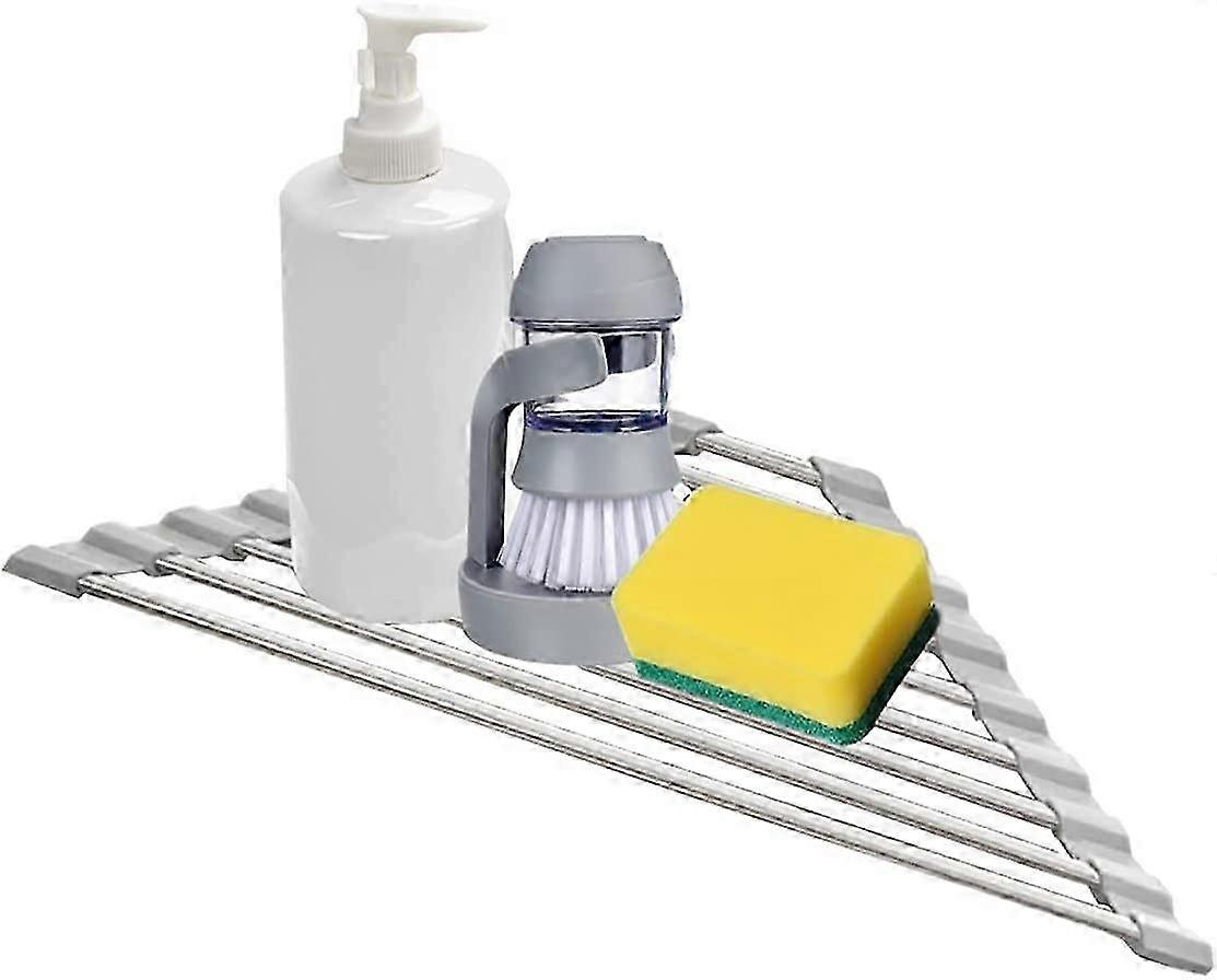 Anti-Rust Stainless Steel Caddy Sponge Holder, Multi-Function Roll-up Drying Rack compatible with Sink Corner Kitchengray