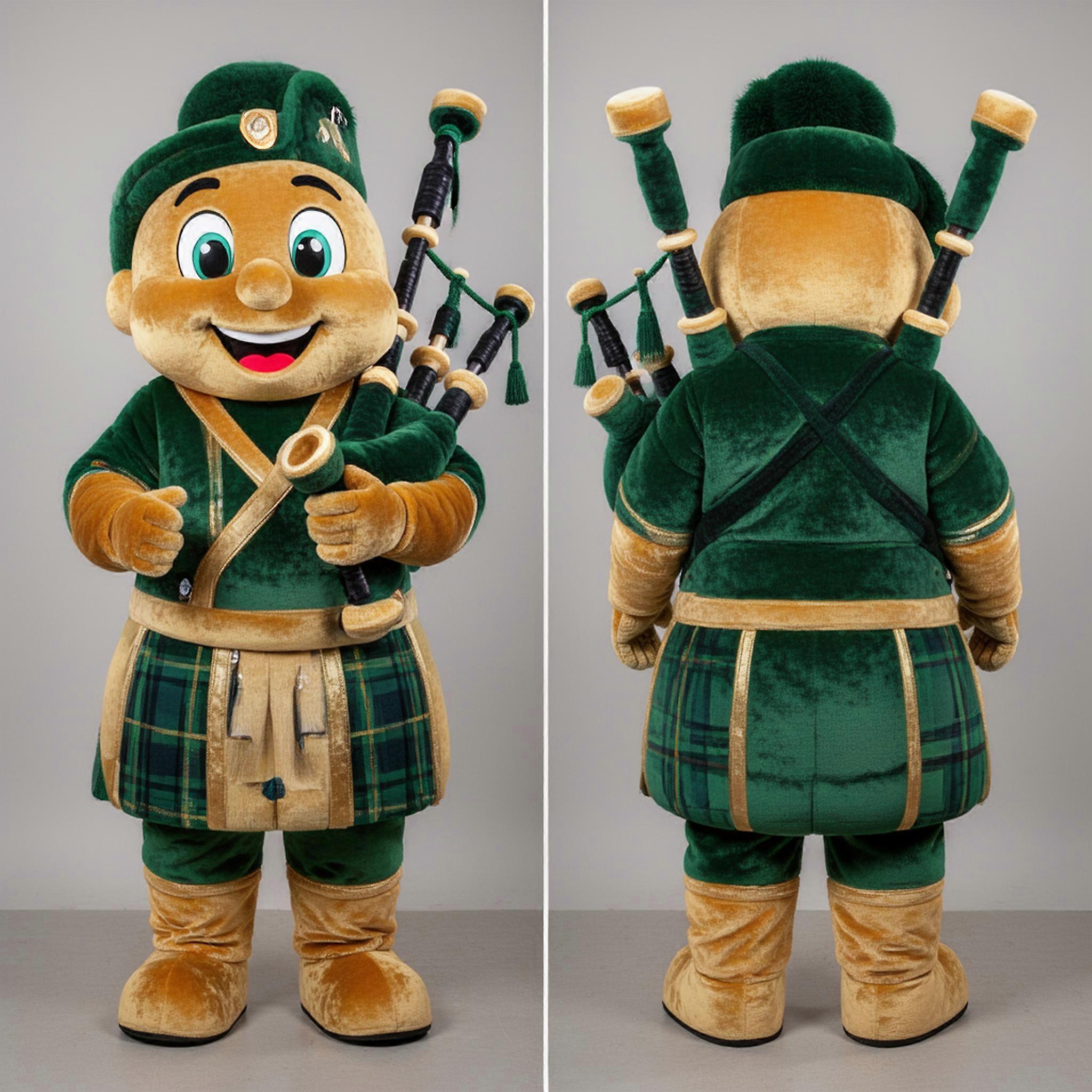 MASTICOT Emerald Green Tartan Bagpipe Mascot