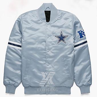 Nfl Dallas Cowboys Leader Silver Satin Letterman Bomber...