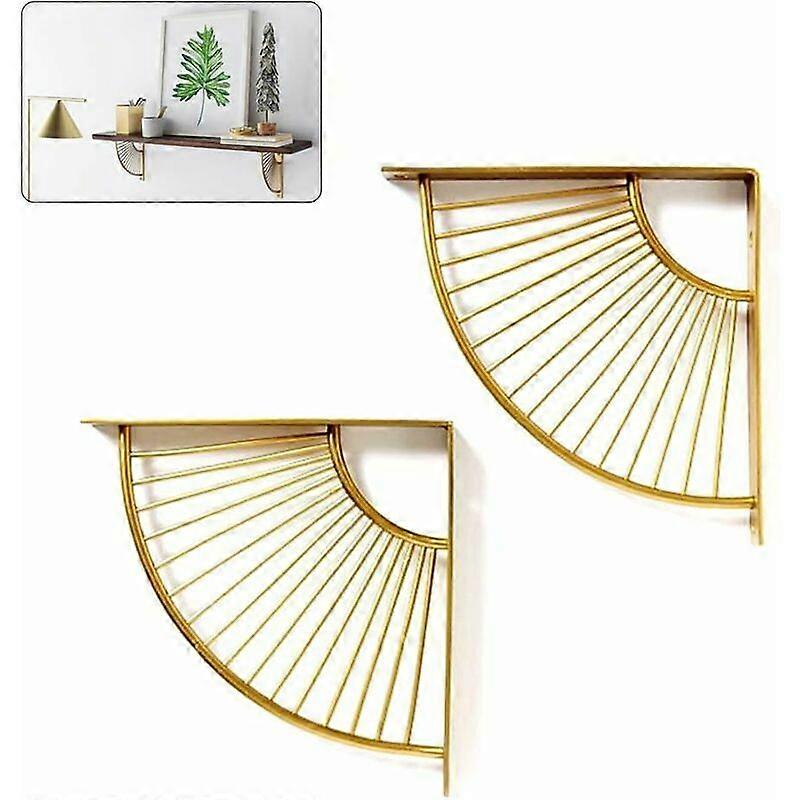 Floating Metal Golden Fan Shaped Triangle Shelf Bracket, Set of 2 Hanging Shelving Wall Corner Bracket for Restaurant/Office/Home Decoration (15cm/5.9