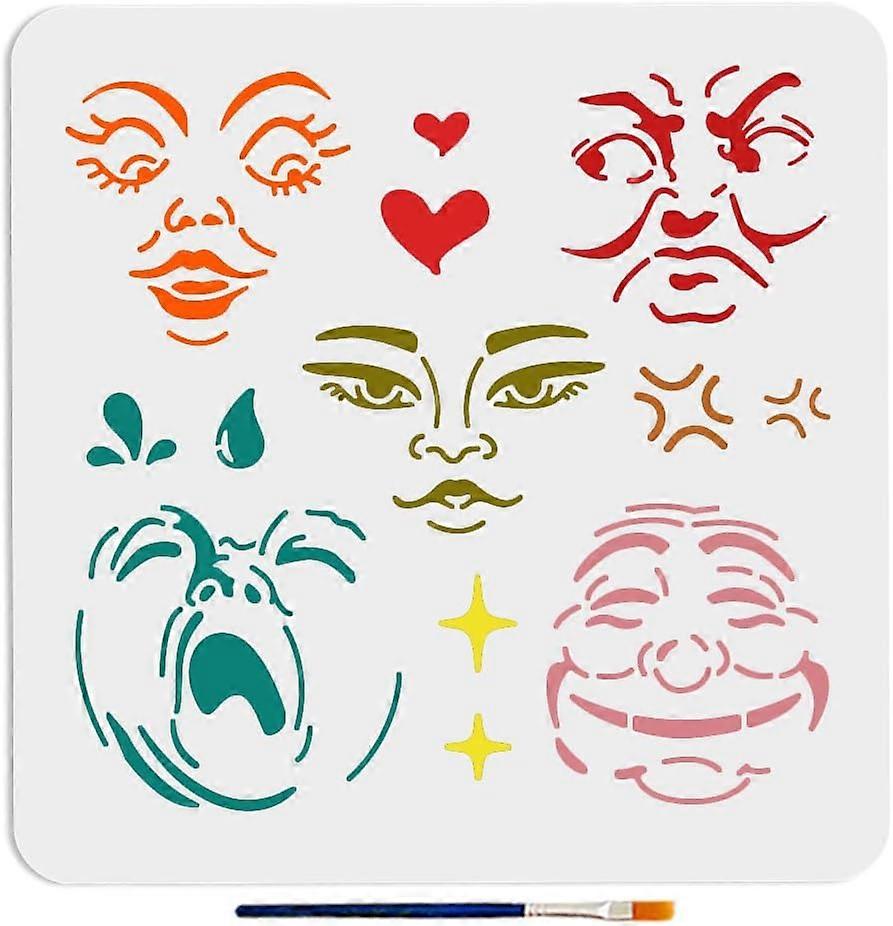 Face Expression Stencil 11.811.8inch 5 Face Patterns Large Reusable Emotional Facial Features Stencils with Paint Brush for Art Crafts Window Wood Can