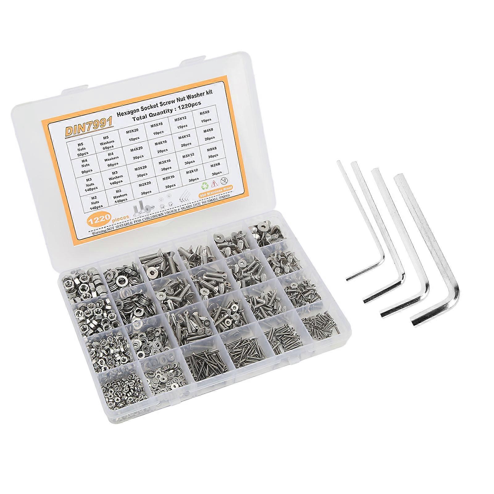 1220PCS Screw Nut Washer Kit Flat Head Hex Socket 304 Stainless Steel M2 M3 M4 M5 Screw Assembly Kit NO.3074