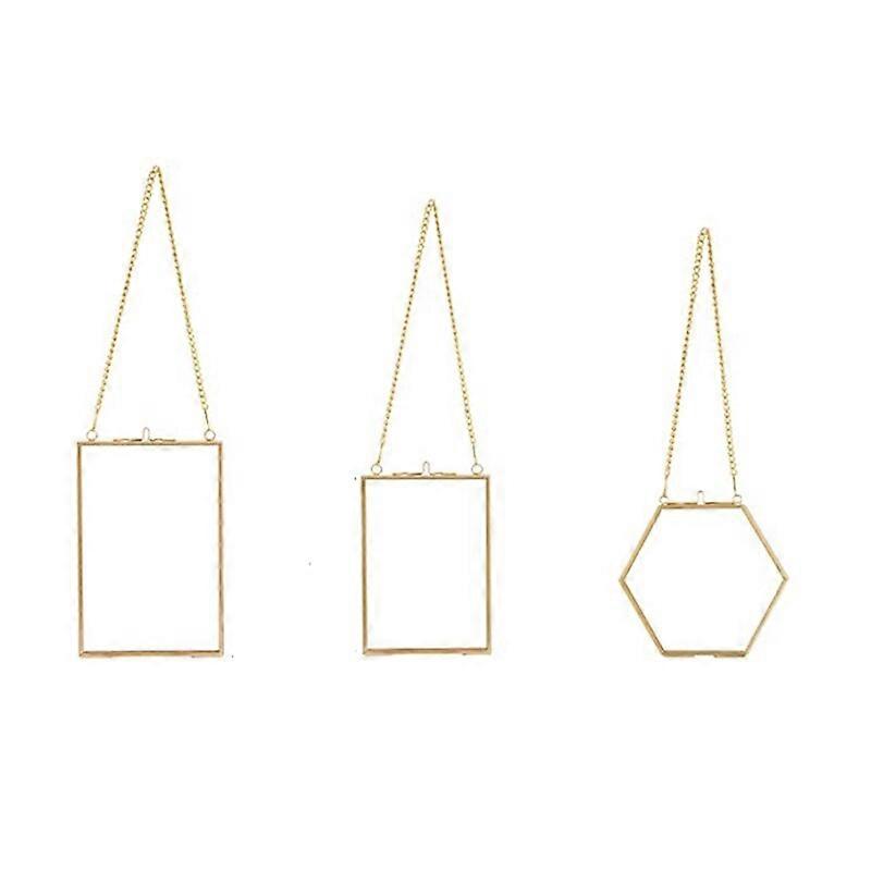 3 Packs Pressed Flowers Glass Frames- Golden Hanging Glass Picture Frames with Chain Floating DIY Artwork Display Frames
