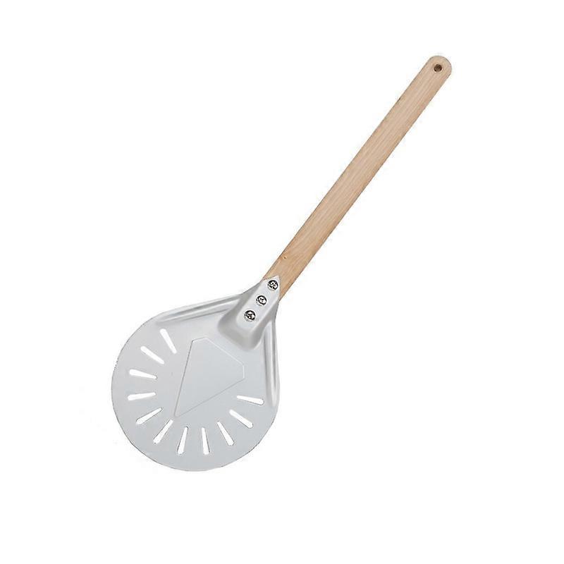 7" Round Perforated Pizza Crust Non-Slip Aluminum Swivel Pizza Paddle with 16" Anti-Scald Wood Handle