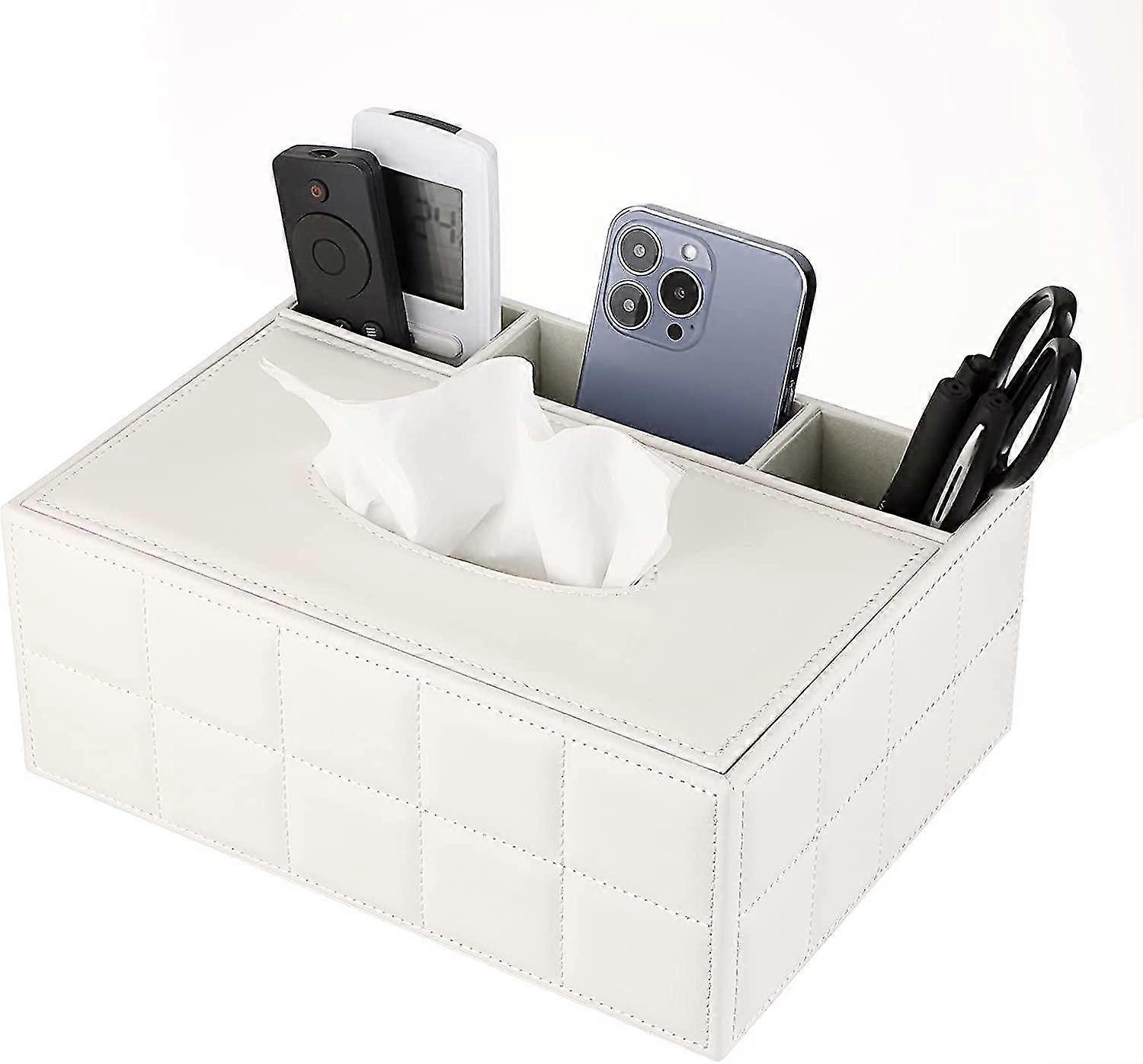 PU Leather Rectangular Tissue Box Cover - Multifunctional Tissue Holder with Stationery Remote Box