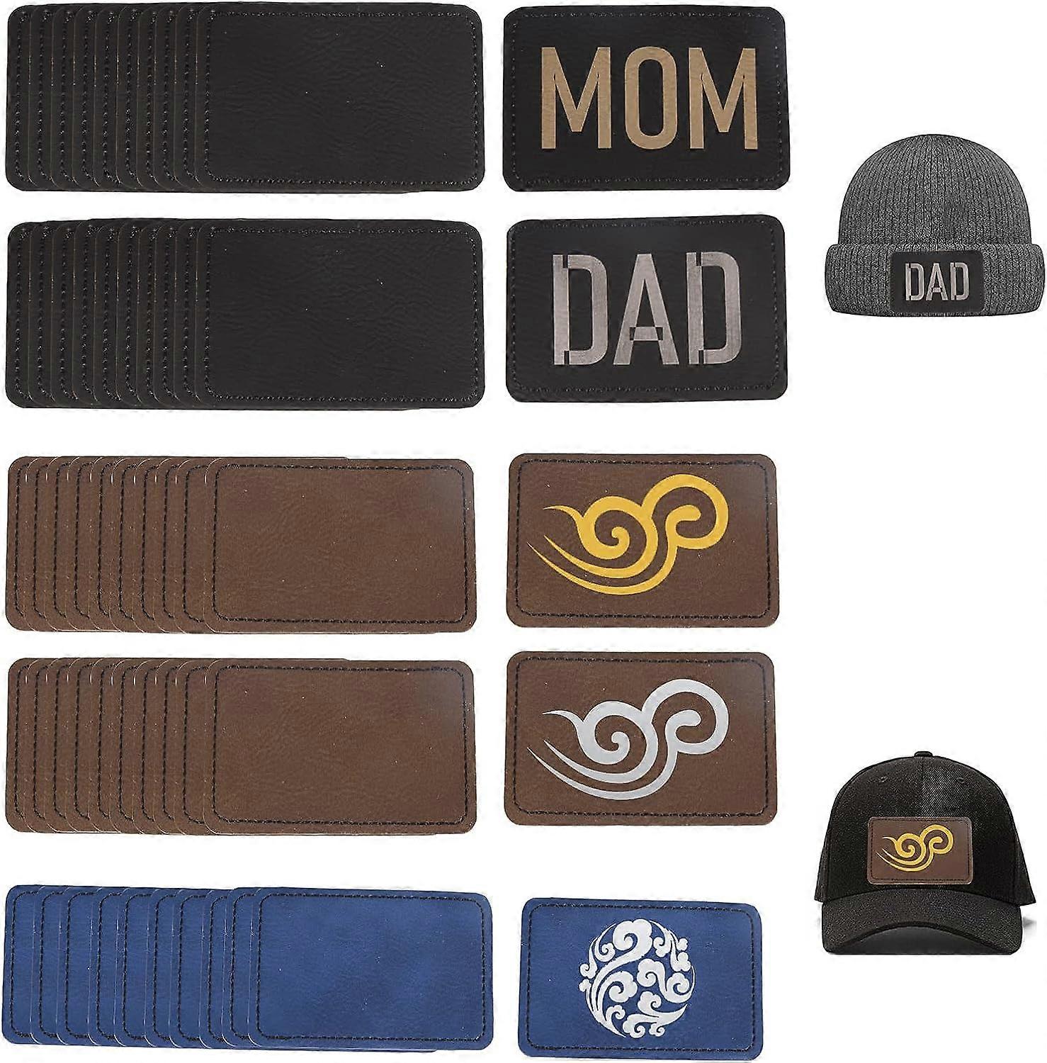 50 Packs 7.6cm*5.1cm Machine Carved and Marked Artificial Leather Patch, Self-Adhesive 3m Rubber Leather Patch with Gold and Silver Base for Hat and C