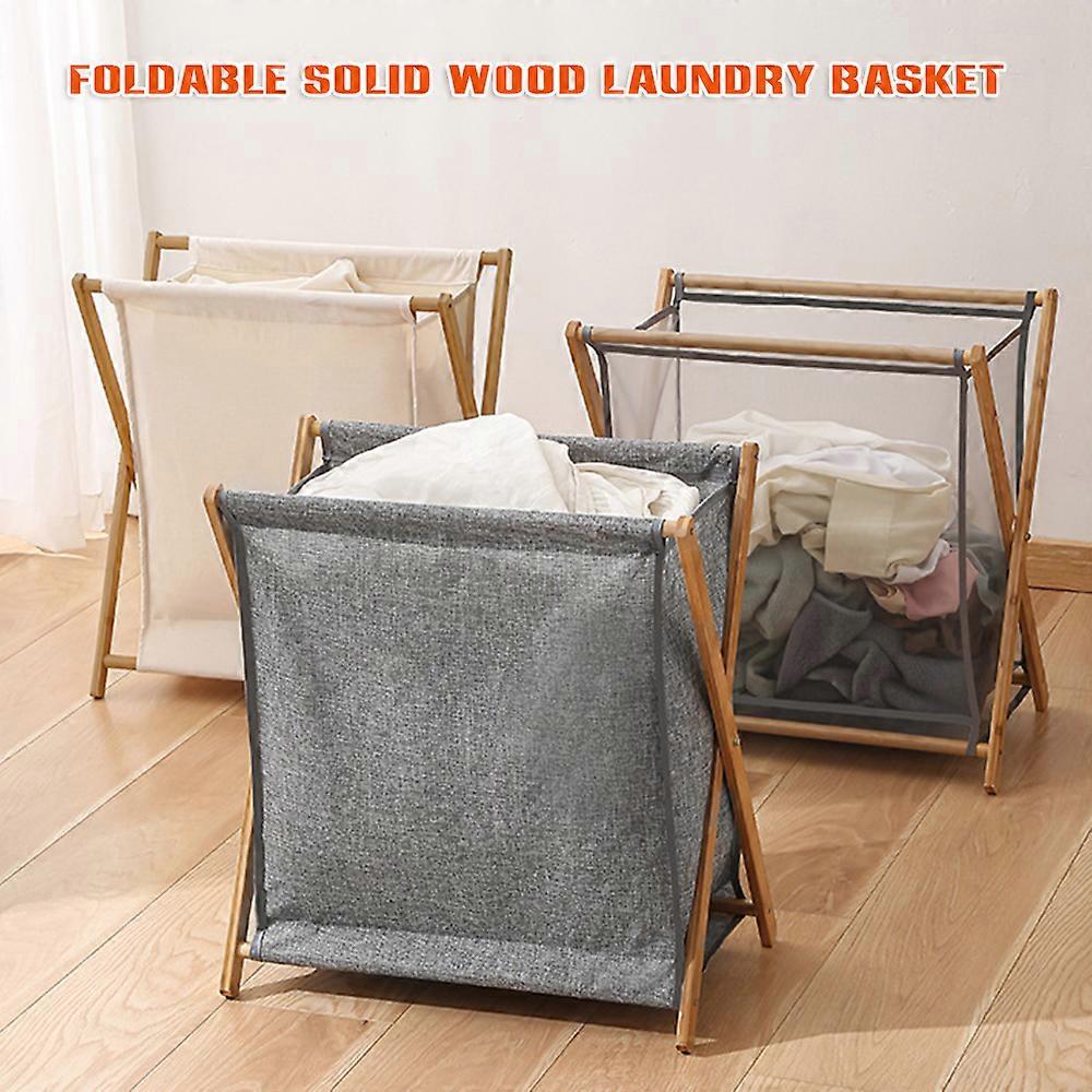 Household Dirty Clothes Basket Folding Solid Wood Frame Laundry Basket
