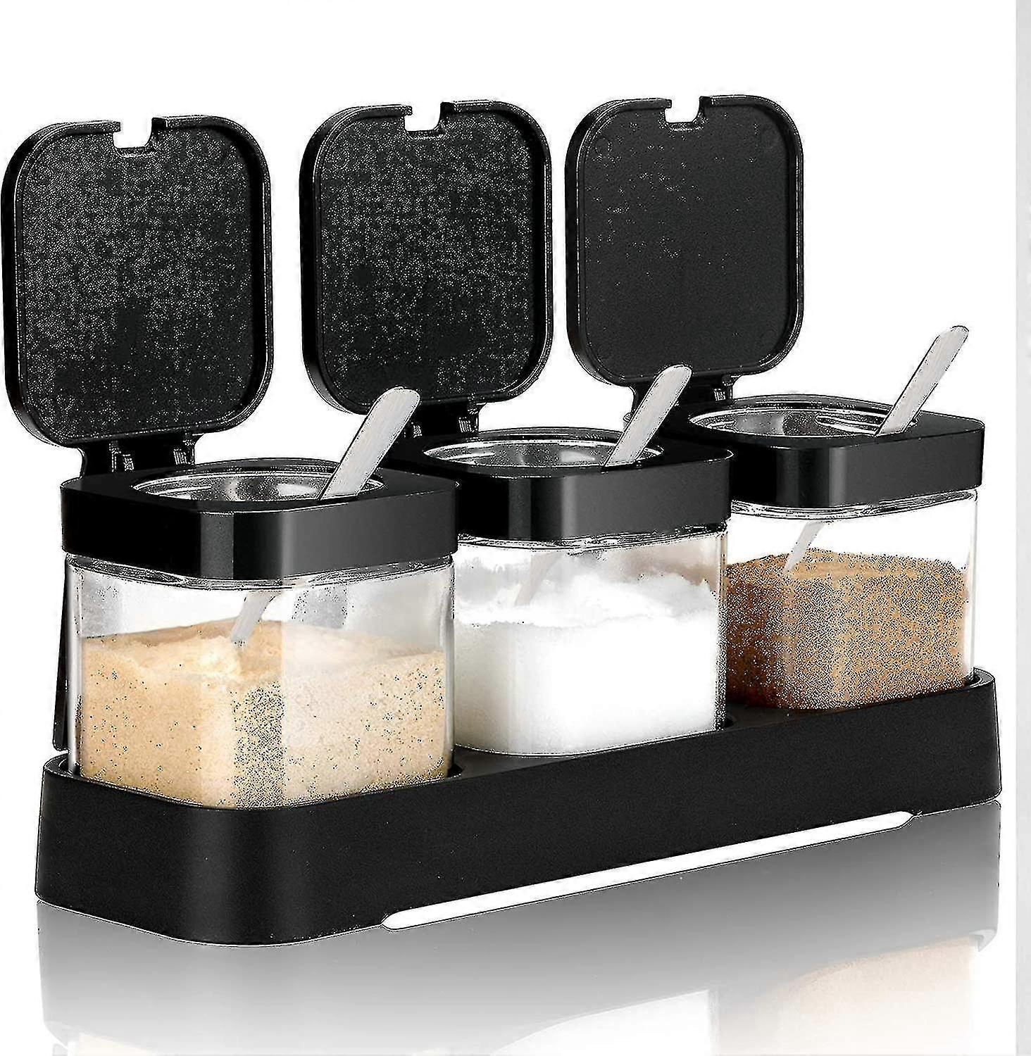 Seasoning Jar For Spice With Lids And Spoons, Clear Glass Seasoning Container, Seasoning Box, Sugar Salt Container, Set Of 3 For Kitchen Countertop Fo