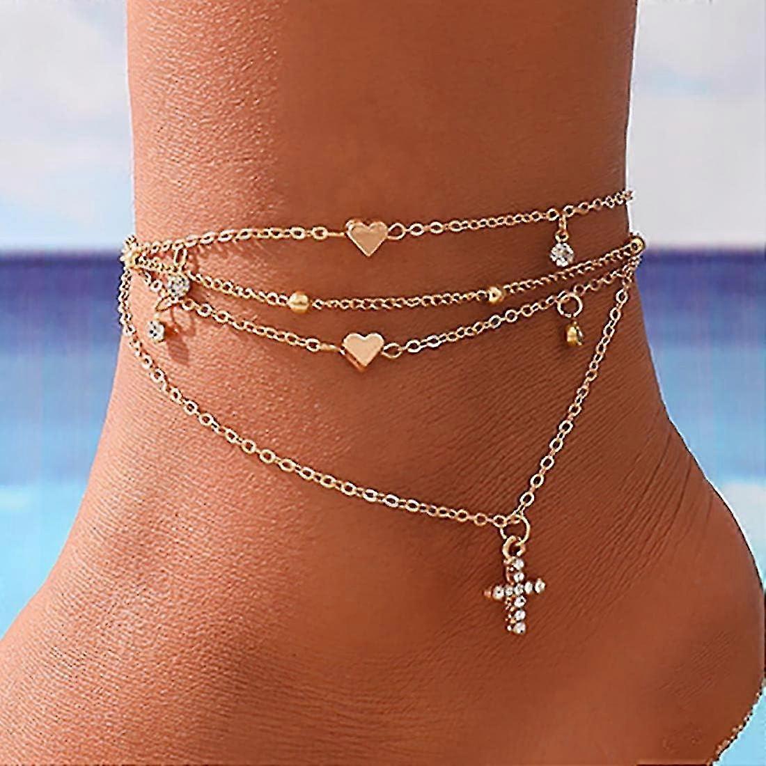Girls Gold Heart Cross Anklet With Crystal Chain
