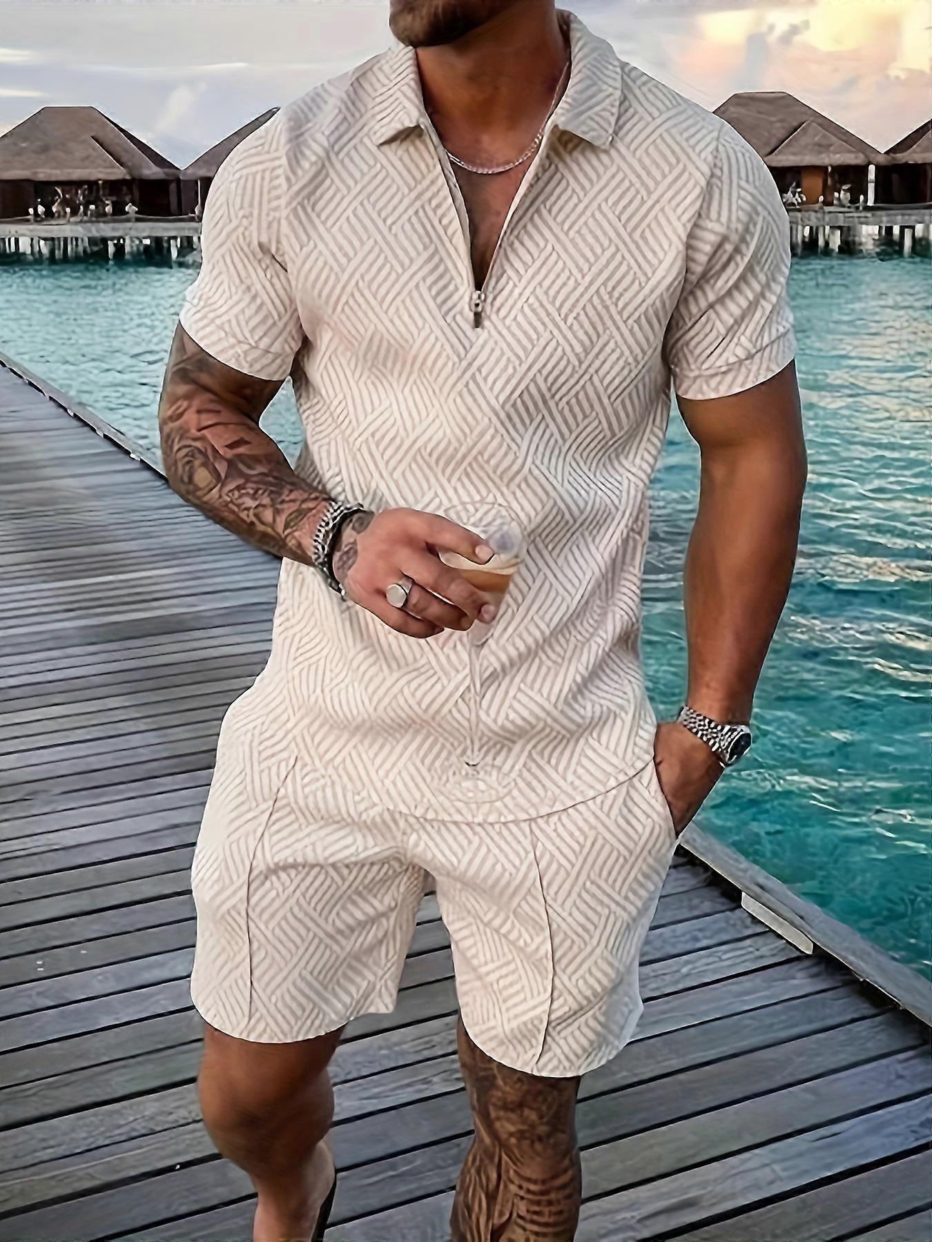 New style 2Pcs Outfits For Men, Casual Short Sleeve Lapel Shirt And Drawstring Shorts Set For Summer, Men's Clothing For Vacation Workout