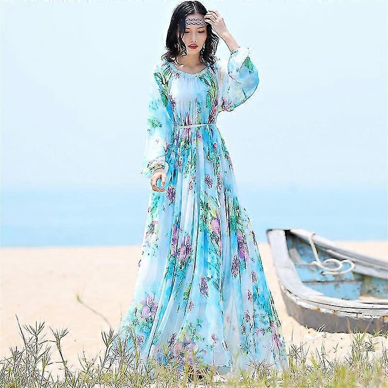 Leopar Baskı Uzun Kollu Maxi Elbise Artı Boyut Rahat Bohem Şifon Plaj Tatili Bangkok Elbise Düğün Misafir Elbisesi