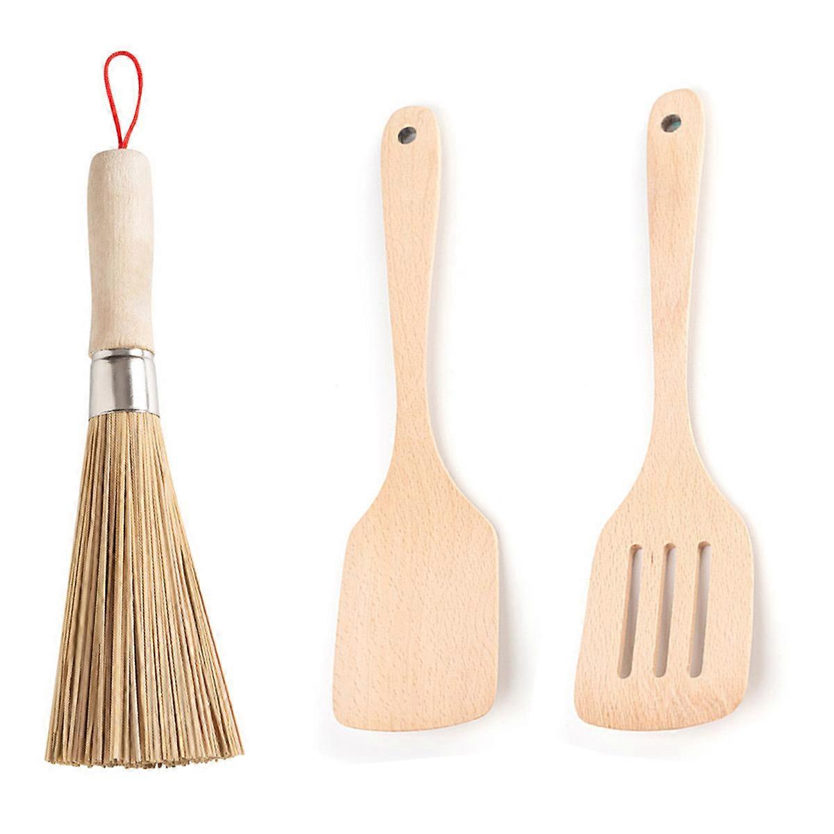 Eco-Friendly Bamboo Pot Brush and Wooden Spatula Kitchen Tool Kit