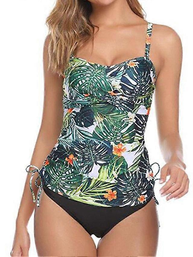 Plus Size Women's 2-piece Tummy Control Swimsuit, Open Back, Green Leaf Print, Big Bust, Vacation Ready