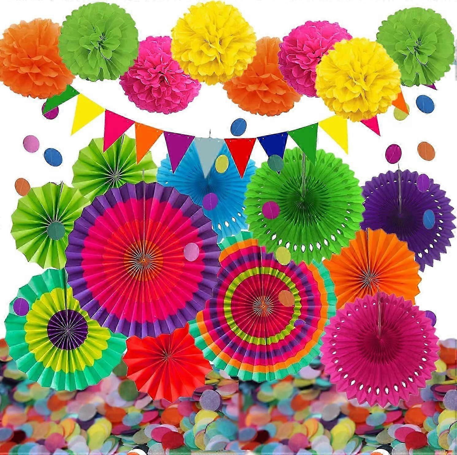 22-Pack Party Decoration Set with Hanging Paper Fans, Pom Poms Flowers, Triangle Bunting Flags, Garlands String Polka Dot and Paper Confetti for Birth
