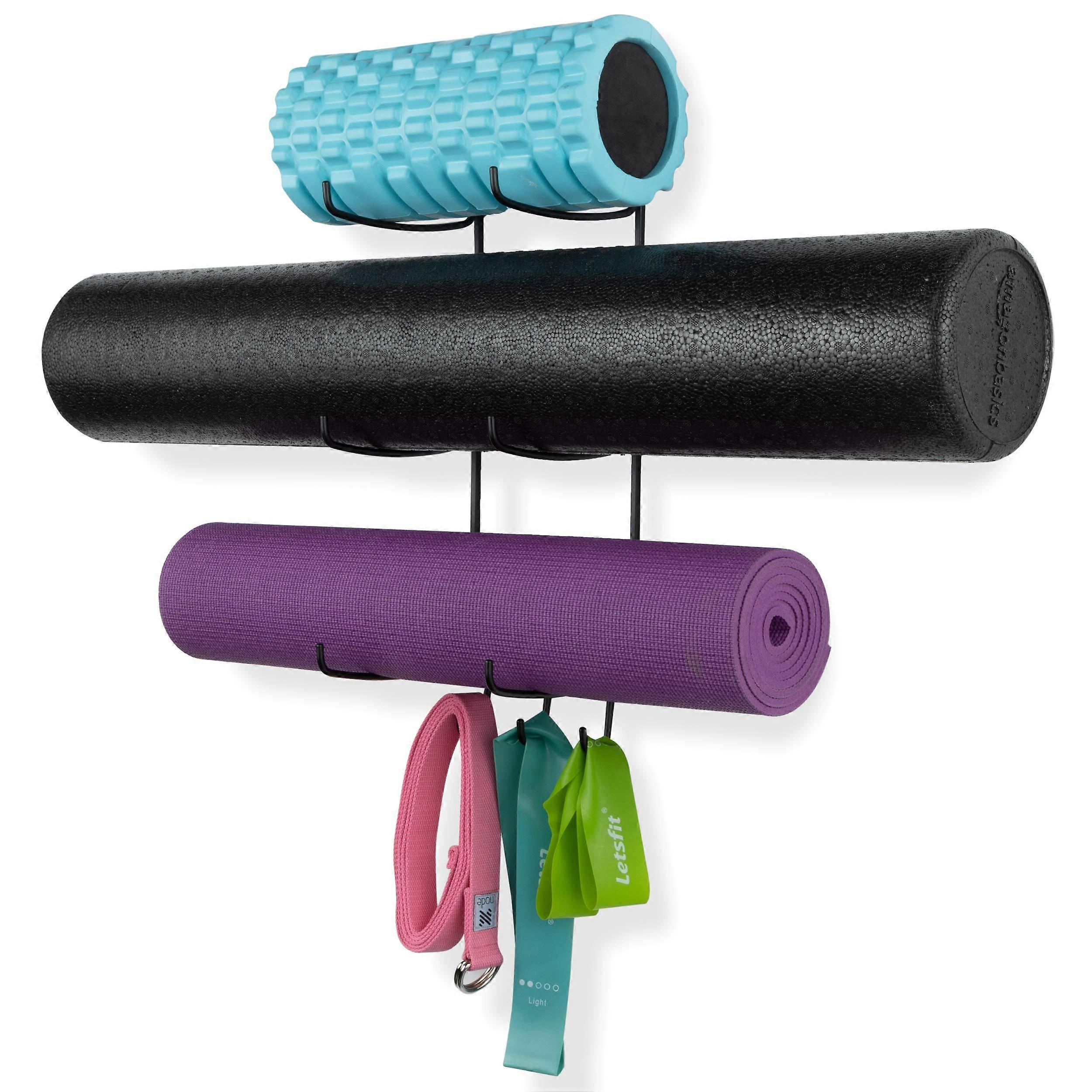 Wallniture Guru Yoga Mat Foam Cylinder and Towel Hanging Shelf with 3 Metal Hooks for Mats and Resistance Bands