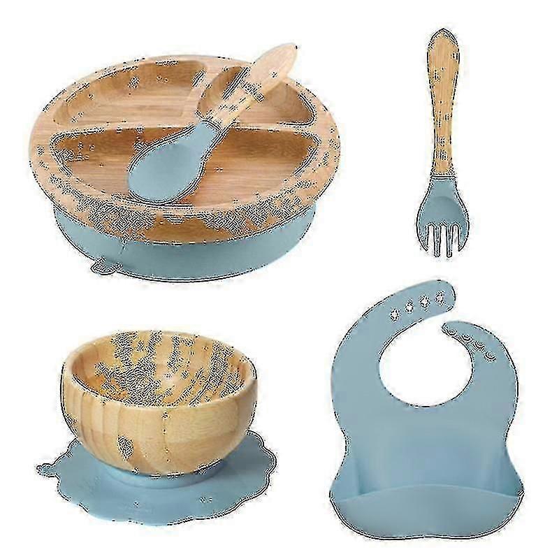 Tiny Dining Children's Bamboo Tableware Set - Plate Bowl Spoon With Stay Put Suction - Blue