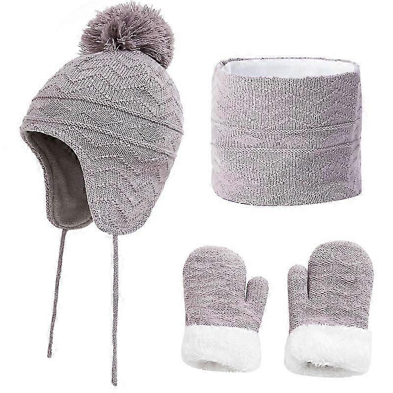 1 Ensemble Chapeau Cercle Écharpe Gants Mode Motif En Peluche Boule Garçons Filles Couleur Unie Tricoté Enfants Casquette Ensemble pour Extérieur