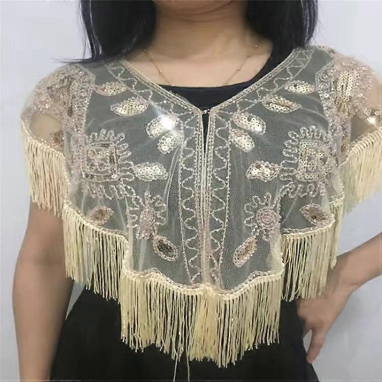 Women 1920s Sequined Shawl with Tassels Beaded Pearl Fringe Sheer Mesh Wraps Gatsby Flapper Bolero Cape Cover Up