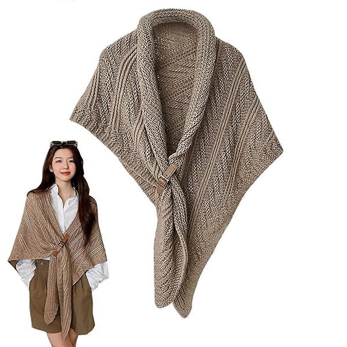 Knitted Shawl, Triangular Shawl, Leather Buckle, Warm Scarf, Poncho