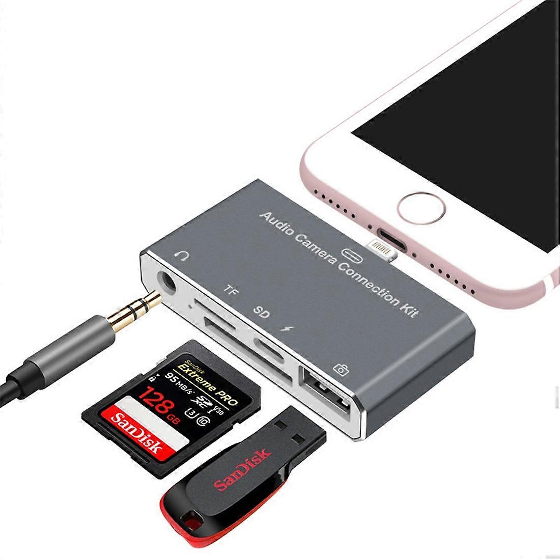 D-198 5 in 1 8 Pin to USB HUB +USB-C / Type-C + 3.5mm Earphone + SD + TF Card Reader for MacBook, PC, Laptop, Smart Phones